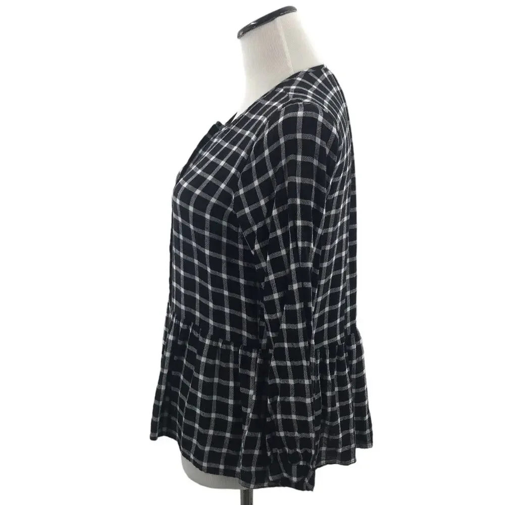 Rails Celeste Onyx Plaid White Check Linen Blouse